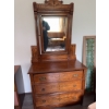 Image 13 : Oak dresser featuring three drawers with brass handles, decorative leaf carving, and attached vertic