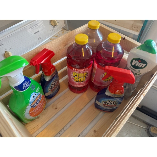Bundle of bottles of cleaning supplies such as pine sol, vim and oxi clean