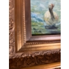 Image 2 :  framed painting depicting a child standing on a bank watching over a flock of geese in a body of wa