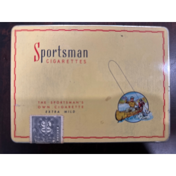 vintage Sportsman Cigarettes tin, specifically a "Flat Fifties" case produced in Canada during the 