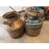 Image 3 : Two vintage metal milk churns. One churn is painted with blue and has yellow lettering "A.S. ALFRED 