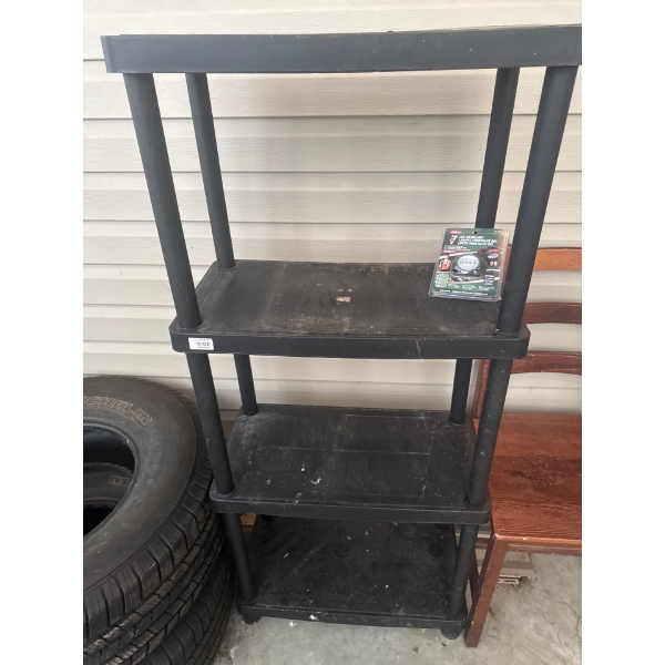 Black plastic shelving unit  and head lamp