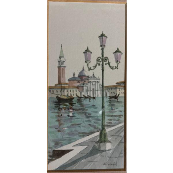 framed watercolor painting depicting a Venetian scene with a traditional street lamp in the foregrou