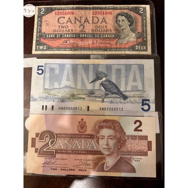  1954 2 $ bill 1986 5$ bill 1986 2$ bill