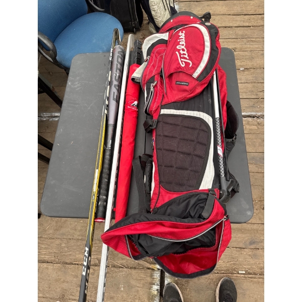 TITLEIST GOLF BAG HOCKY STICKS AND EASTON BASEBALL BAT