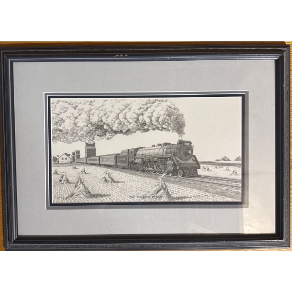  framed black and white pen and ink drawing of a steam locomotive, titled "The Driving Force".
It is