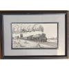 Image 1 :  framed black and white pen and ink drawing of a steam locomotive, titled "The Driving Force".
It is