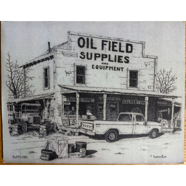 black and white pencil drawing depicting a vintage oil field supplies store from the mid-20th centur
