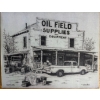 Image 1 : black and white pencil drawing depicting a vintage oil field supplies store from the mid-20th centur
