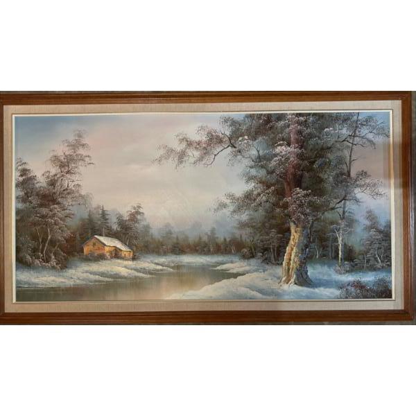  Vintage original oil painting on canvas by artist Irene Cafieri. 
Subject: A winter landscape featu