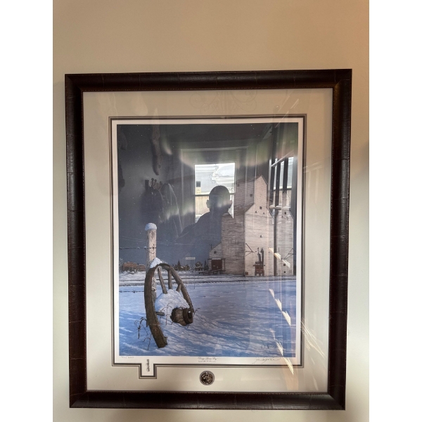  framed collectible art print depicting a winter rural scene with a broken wooden wagon wheel in the