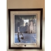 Image 1 :  framed collectible art print depicting a winter rural scene with a broken wooden wagon wheel in the