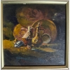 Image 3 : vintage oil painting on canvas depicting a still life scene with brass or copper vessels and plates