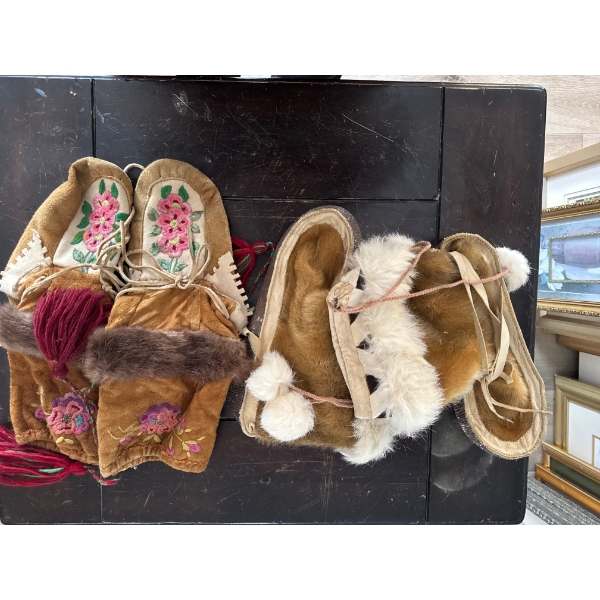  handmade First Nations-style moccasins and mukluks, often crafted from moosehide and trimmed with f