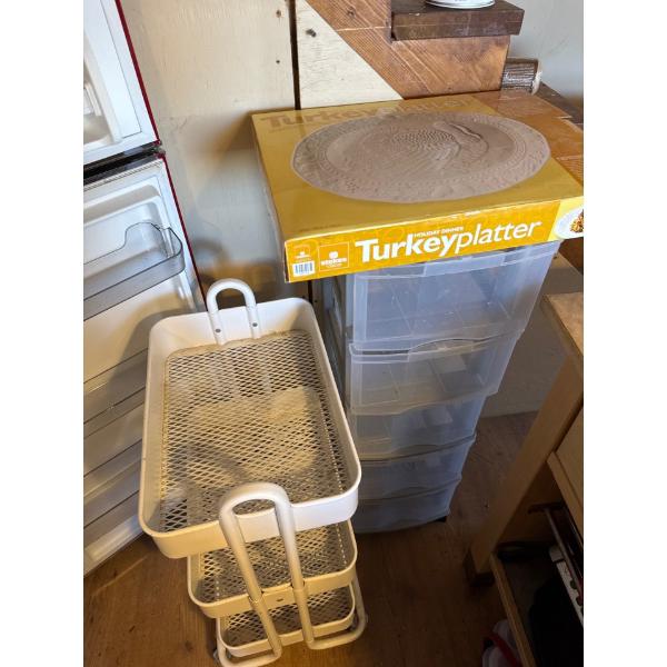Turkey platter, storage bins, and mobile rack.
