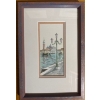 Image 2 : framed watercolor painting depicting a Venetian scene with a traditional street lamp in the foregrou