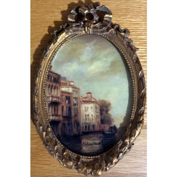  framed miniature painting or decorative collectible plaque depicting a Venetian canal scene.