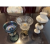 Image 6 : Japanese ceramic oil lamp with floral design, a pressed cut glass compote or candy dish with ornate 
