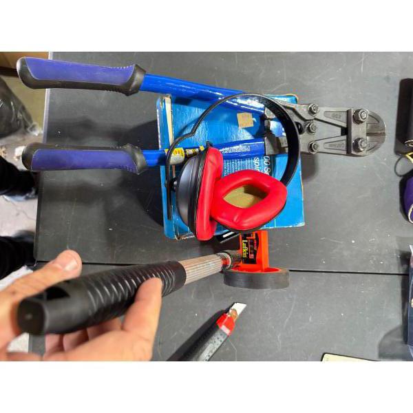 Lufkin high vis measuring tool, power fist, bolt cutters, hearing protection, and 700 series respira