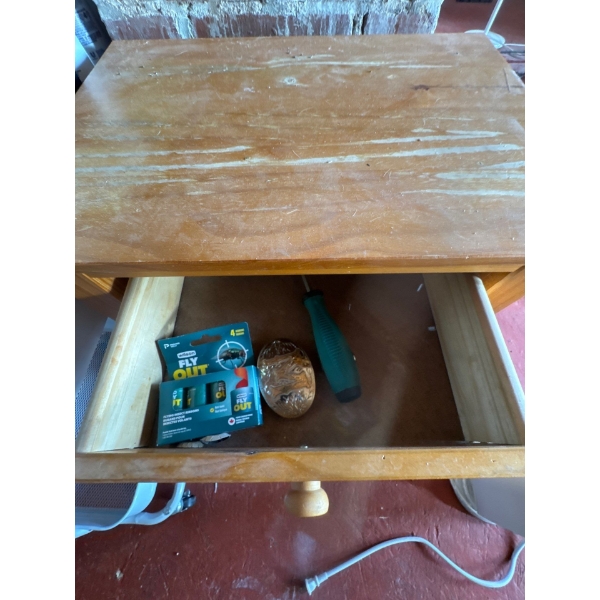 Wood nightstand with drawer, all contents included, such as a duct tape roll and new gate latches