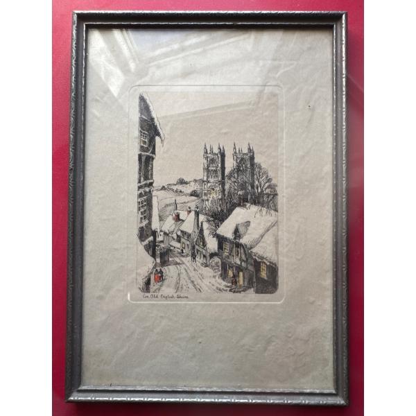 Framed etching, likely a vintage print featuring a snowy English scene. 
Item Type: Framed etching o