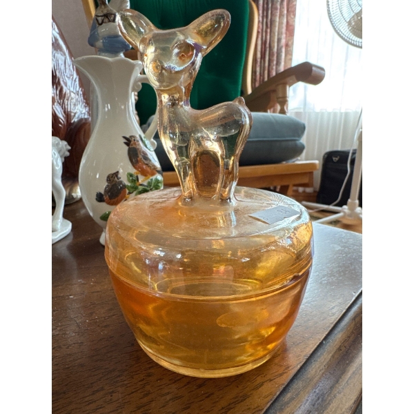 Vintage Marigold, carnival glass deer, fawn vanity, jar, glass deer 1930s