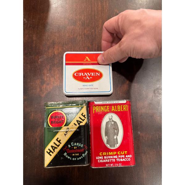  vintage Prince Albert Crimp Cut Pipe and Cigarette Tobacco and Half and Half Roll Cut Tobacco tins,