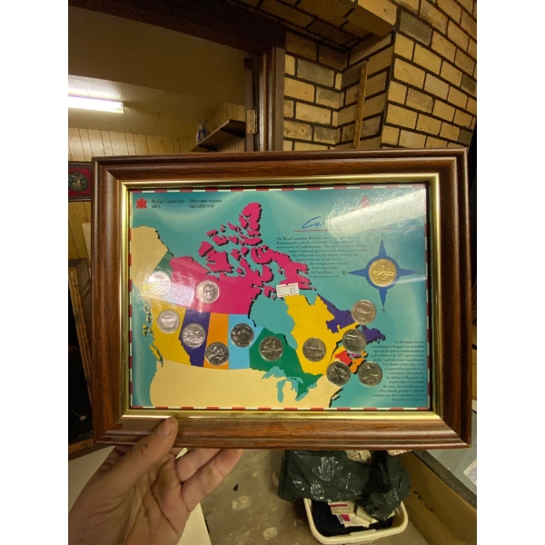 1 Royal Canadian mint set provincial set 10 inch long by 8 inch wide wolf painting, small tin box an