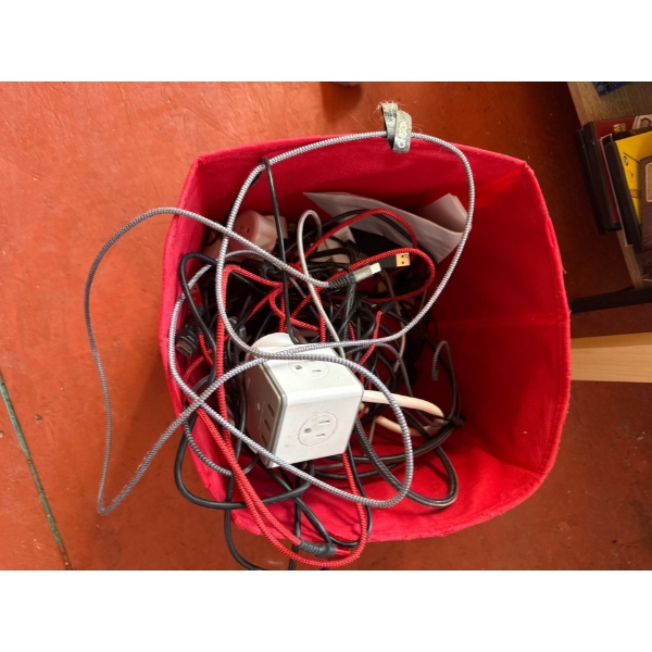 Container of chargers, plug ins, cables.