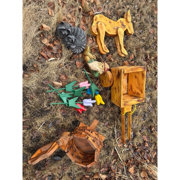 Garden lot. Garden gnome, raccoon, wooden flowers, wooden flower pot, donkey and cart.