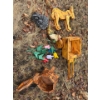 Image 1 : Garden lot. Garden gnome, raccoon, wooden flowers, wooden flower pot, donkey and cart.
