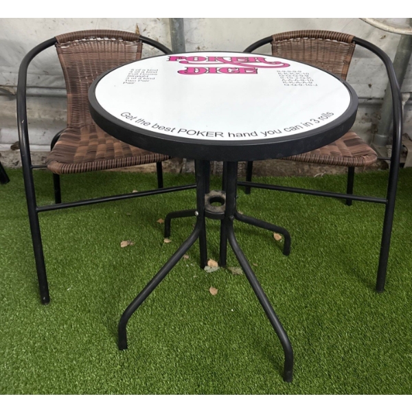 Round Outdoor Bistro Style Table w/Two Wicker Chairs & Metal Matte Frame
