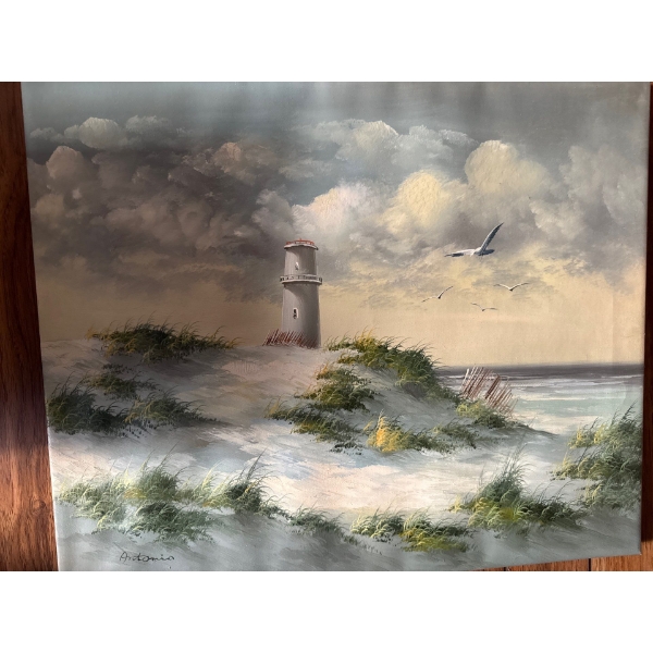  vintage oil painting of a lighthouse seascape, signed "Antonio". 
The painting depicts a coastal sc