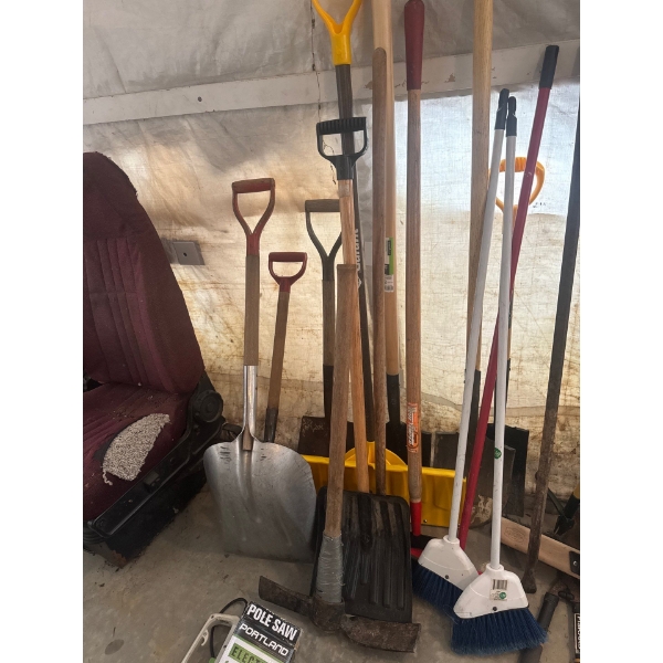 Hand tools, brand new shovels, brand new snow shovel, brand new garden shovel, pickaxe and a heavy d