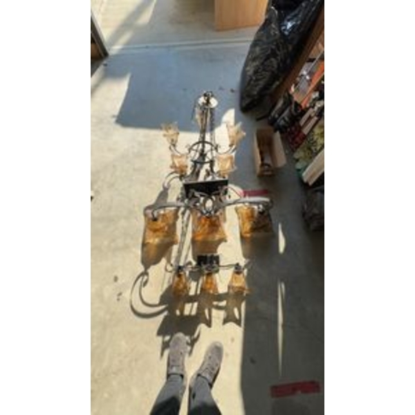 Wrought Iron Chandelier With Amber Glass Shades, 2-Tier, 38" x 26"