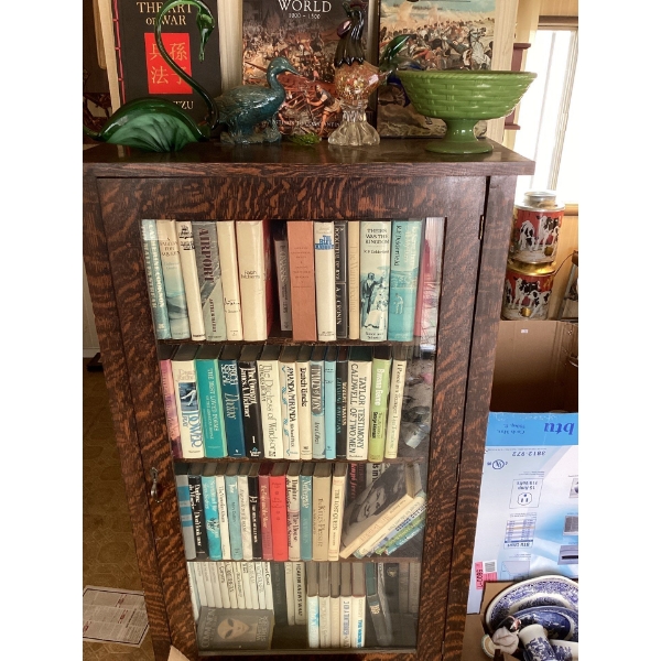  Books, bookshelf, glass, bird figures. All books and bookshelf included, including box of books in 