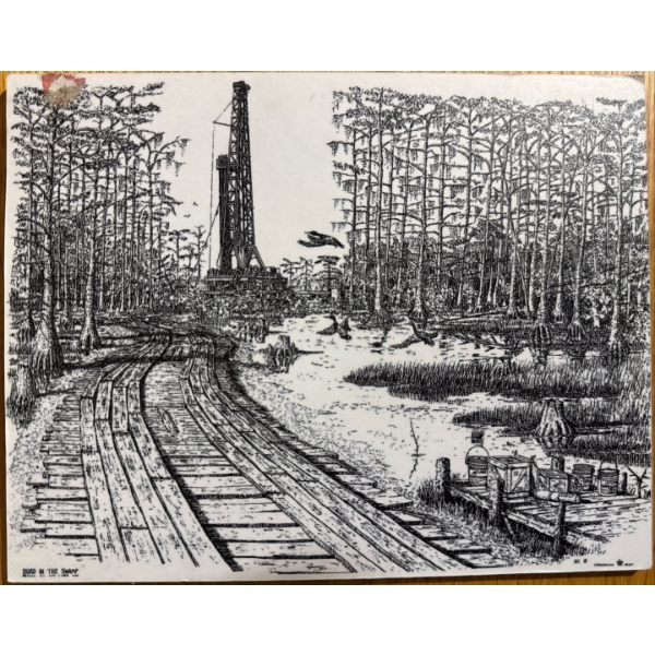  detailed pen-and-ink drawing titled "Road in the Swamp" by artist Floyd Sonnier, a prominent Cajun 
