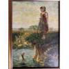 Image 3 :  framed painting depicting a child standing on a bank watching over a flock of geese in a body of wa