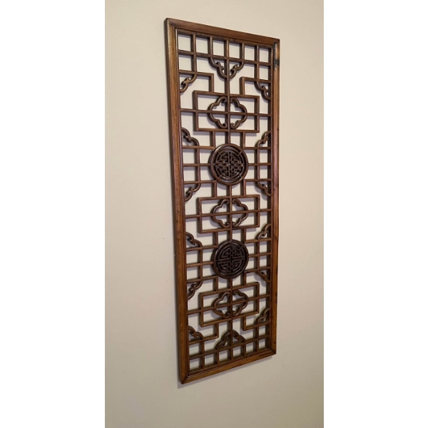 Chinese Carved Wood Lattice Window Panel With Floral and Bird Motif Center