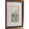 Image 3 : framed watercolor painting depicting a Venetian scene with a traditional street lamp in the foregrou