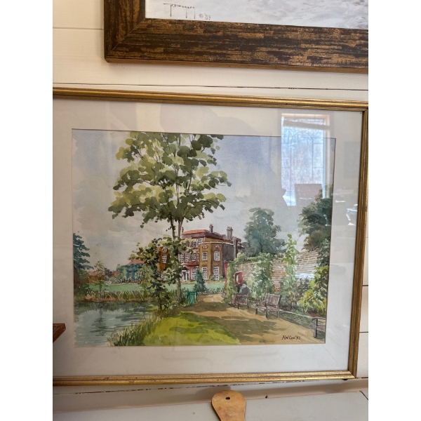  framed watercolor painting depicting a landscape scene, possibly featuring a historic country home 