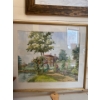 Image 1 :  framed watercolor painting depicting a landscape scene, possibly featuring a historic country home 