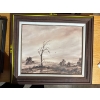Image 2 :  vintage landscape painting featuring a prominent, wind-blown tree in a muted, monochrome palette. 
