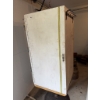 Image 1 : Wooden storage cabinet featuring five metal shelves mounted on the interior sides, with a metal hand