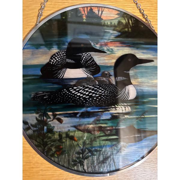  collectible decorative glass suncatcher depicting a loon family scene. 