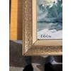 Image 3 :  vintage floral still life print on canvas featuring yellow and white chrysanthemums in a vase, sign