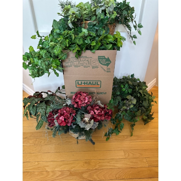  various artificial plants and floral arrangements in baskets, which are commonly used for seasonal 