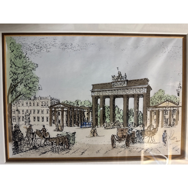 framed ink and watercolor drawing depicting the historic Brandenburg Gate in Berlin, Germany. 