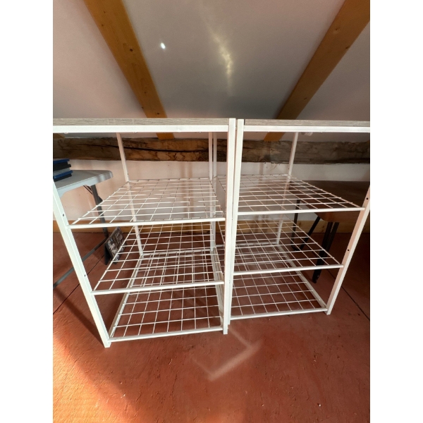 Two small white wire shelving racks with wood tops, dimensions are 16in, 26in and 19in