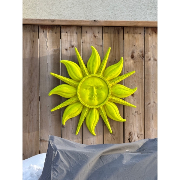 ellow, hand-painted Mexican style metal sun wall art piece suitable for indoor or outdoor garden dec